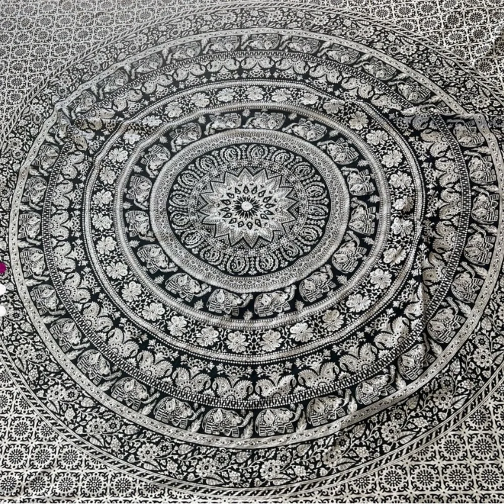 Indian Elephant Mandala Black White Print Tapestry Wall Hanging Art Decor 85”